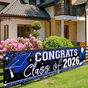 1pc Large Graduation Banner, Class Of 2026 Congrats Grad Yard Sign For Graduation Party Decorations 2026, Golden Welcome Sign Outside Fence Garage Garden Porch Backdrop,Home Decor,Wall Room Decor, 2D Flat, Outdoor Hanging Banner, Outdoor Banners