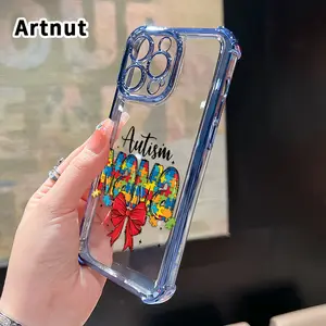 Autism Mama Bow Pattern Four Corner Anti-Fall Phone Case Transparent Electroplated Protective Cover for iPhone 16 Pro Max 15 Plus 14 13 12 11 E