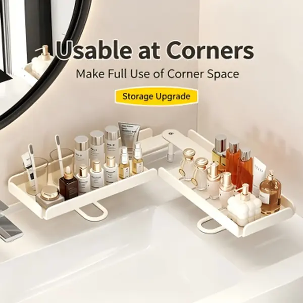 Rotatable Corner Faucet Storage Shelf, No Drill Over Sink Bathroom Organizer Rack with Adjustable Support Feet, Waterproof Vanity Tray for Toiletries Shampoo Makeup, Fits Most Bathroom & Kitchen Sinks