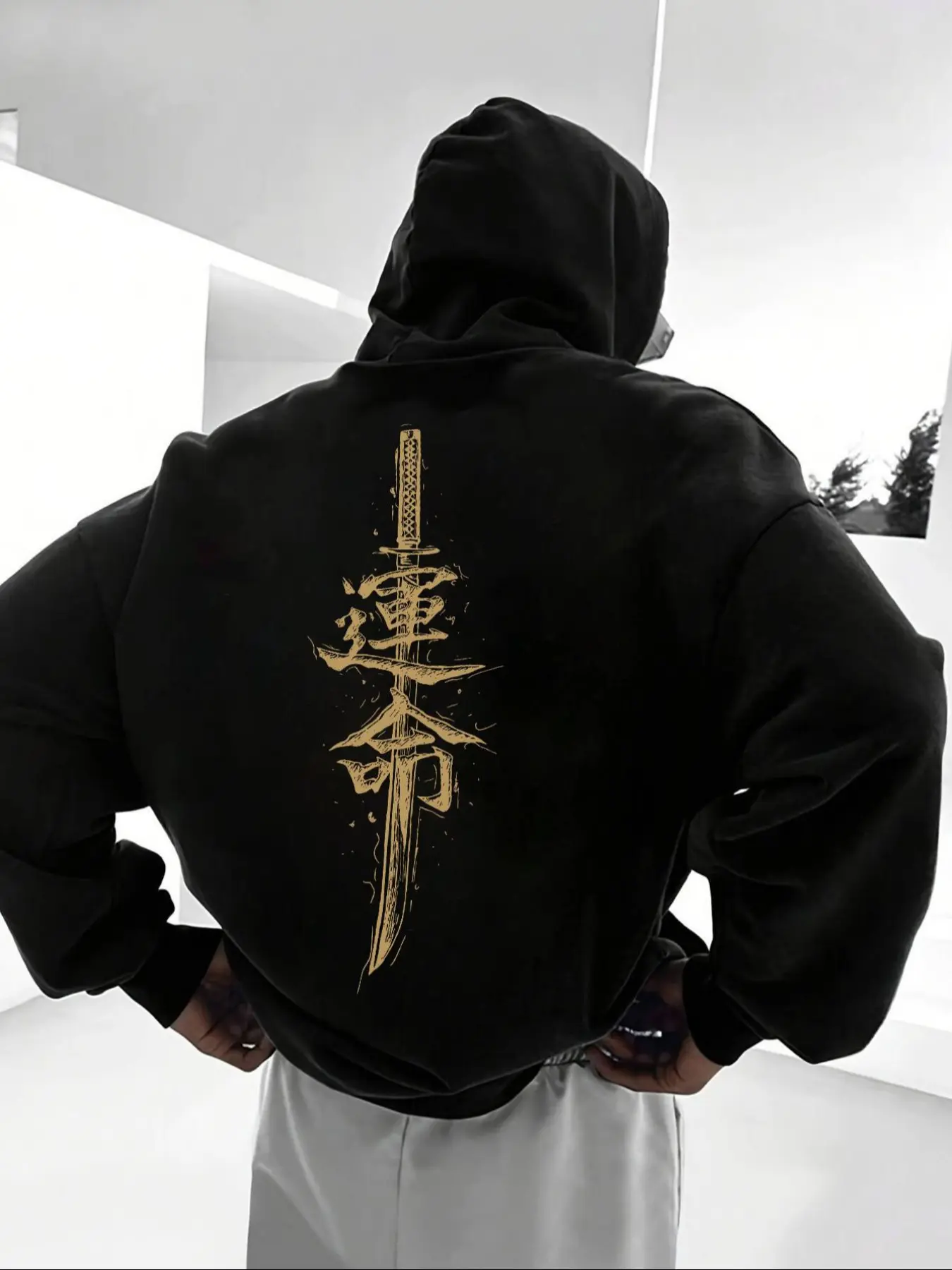 Men's Samurai Sword Graphic Print Fleece Hoodie, Unisex Casual Versatile Top, Loose-Fitting Fall & Winter Casual Hooded Sweatshirt, Comfortable Daily Wear
