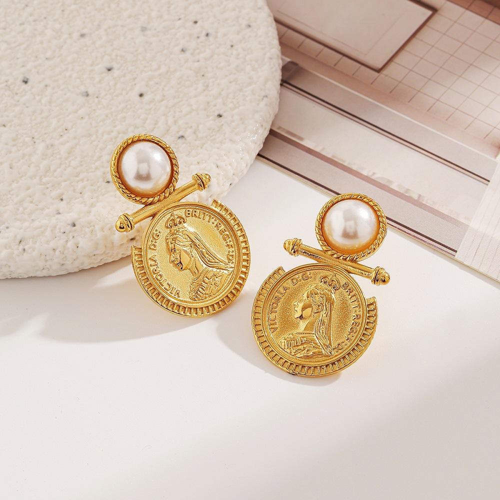 Vintage Gold Coin Earrings for Women, 18K Gold Plated Stainless Steel Pearl Stud Earrings, Hypoallergenic Retro Ins Style Dangle Earring, Non-Fade Daily Wear Jewelry