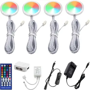 RGBW RGB + White Color Changing Christmas Xmas Under Cabinet LED Lights Kit IR Remote Puck Lights for Kitchen Counter Shelf Furniture Ambiance Lighting (RGBW, 4 Lights, 12W)
