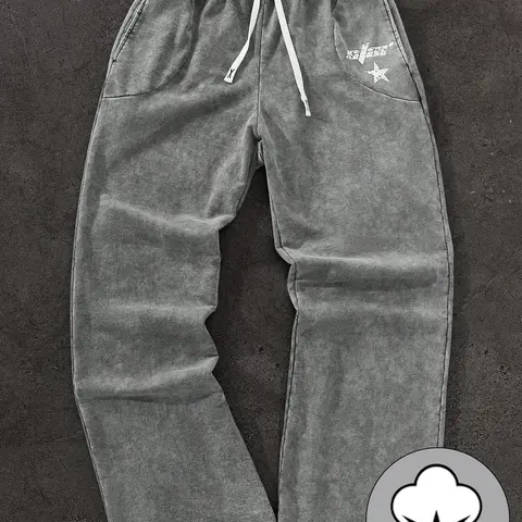 Men's Casual Loose-Fit Cotton Fabric Sweatpants, Star Print Drawstring Wide Leg Pants, All-Season Comfortable Men's Clothing, Menswear