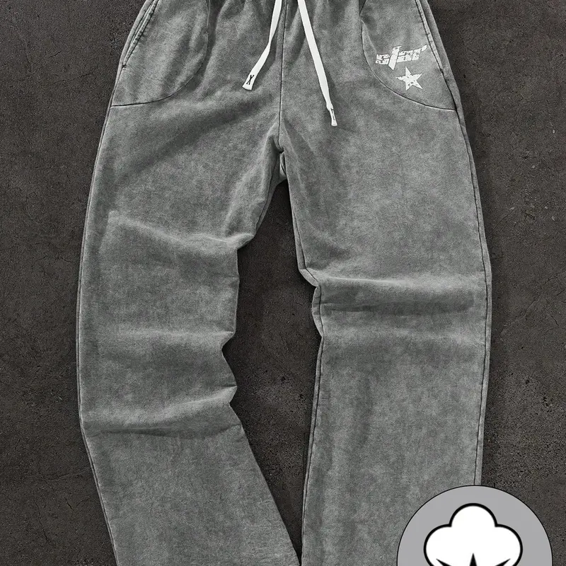 Men's Casual Loose-Fit Cotton Fabric Sweatpants, Star Print Drawstring Wide Leg Pants, All-Season Comfortable Men's Clothing, Menswear