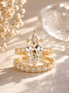 Effinny 14K Gold Plated Marquise Cut Non-tarnish 5.5ct 2PC Wedding Ring Set, Luxury Promise Jewelry, 5A Cubic Zirconia Travel-friendly Bridal Set for Women, Party