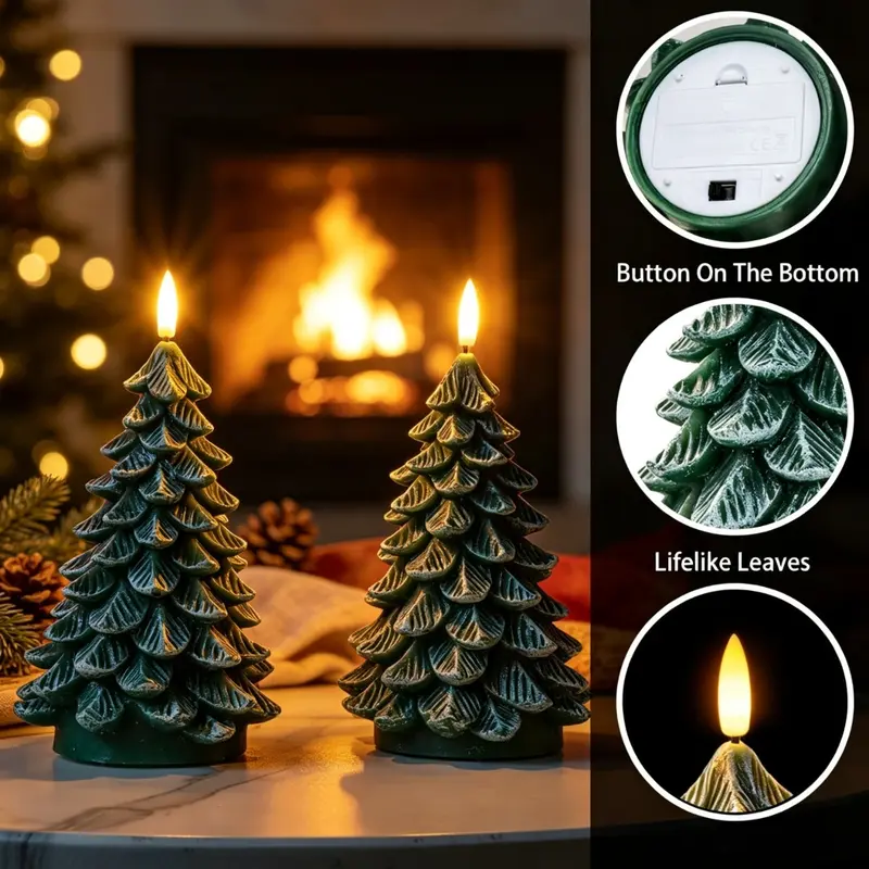 Homemory Classic Tree-Shape Flameless LED Candles, 2-Pack 8.5" Tree Décor Waxy Green Electric Candles with 6-Hour Timer, 4 Inches Thickest Battery-Operated for Cozy Little Christmas, Christmas Bedroom Decor, House Decor,home decor