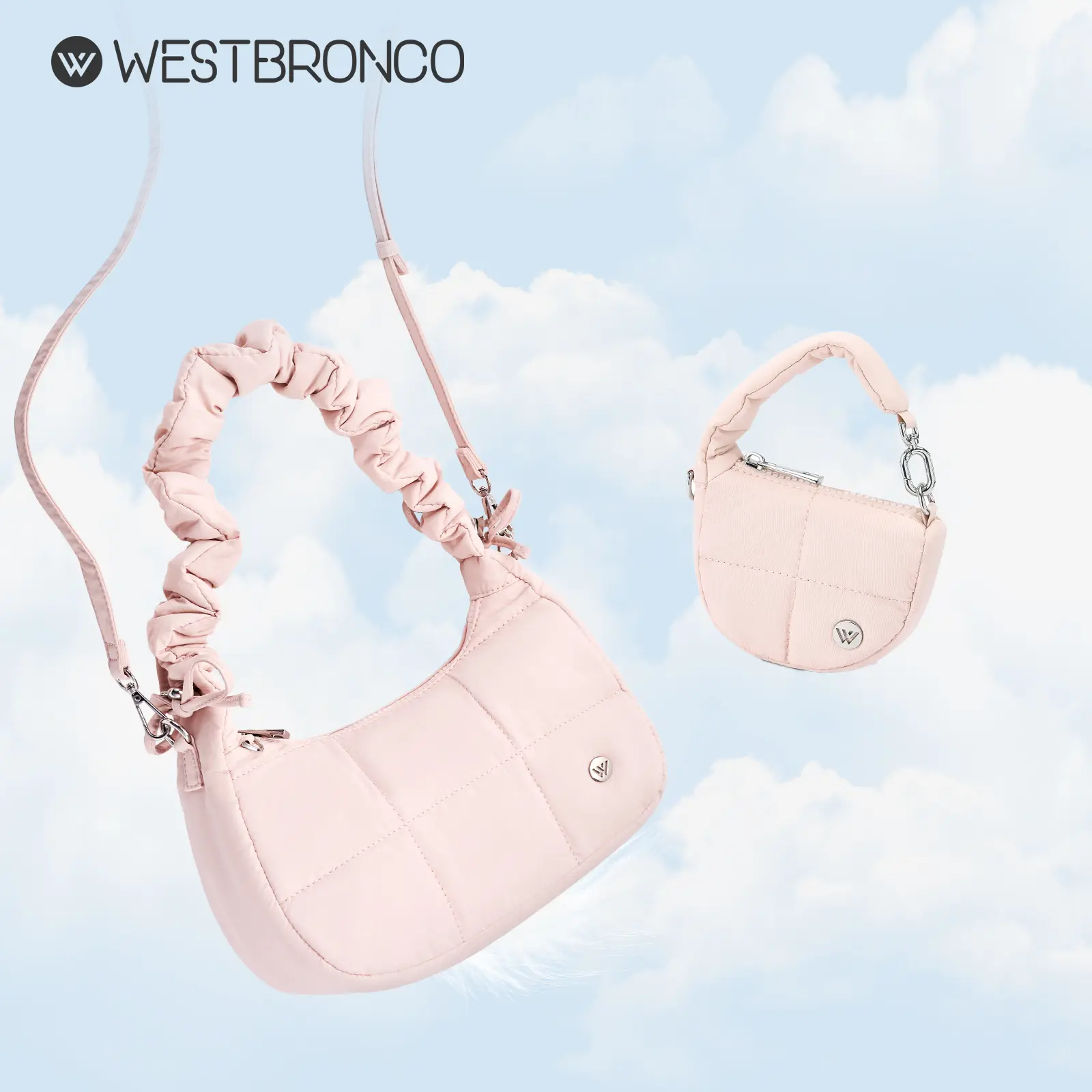 WESTBRONCO puffy purse 2-in-1 Combo: Quilted Chic Puffer Drawstring Shoulder Crescent Crossbody Bag with Adjustable Strap&Puffer Earbud Cover Coin Pouch for Women 2026 Spring Trendy