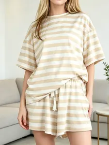 2-Piece Summer Womenswear Set, Loose Fit Casual Knitwear, Striped Round Neck Short Sleeve, Adjustable Drawstring Shorts with Fringe, Home Wear & Outdoor Sports