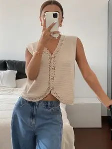 SHEER US 2026 New Women's Solid Color V-Neck Knitted Vest with Shell Trim - Fitted Minimalist Crop Top for Spring Summer & Autumn Casual Outfits