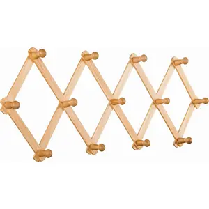 Wall Expandable Coat Rack Accordion Style Hat Rack Coffee Mug Hanger 13 Wood Pegs/Hooks Hang Key Bag Umbrella Necktie Purse (Natural)