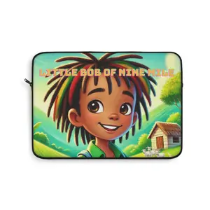 Little Bob of Nine Mile Laptop Sleeve | Cartoon Boy, Tropical Village Scene