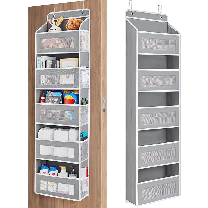 Hangable Household Over-the-Door Organizer - 5 Front Pockets, 5 Mesh Side Pockets, Extra Large Front & Side Storage Organizer with Easy Installation for Bedroom, Kitchen (Grey)