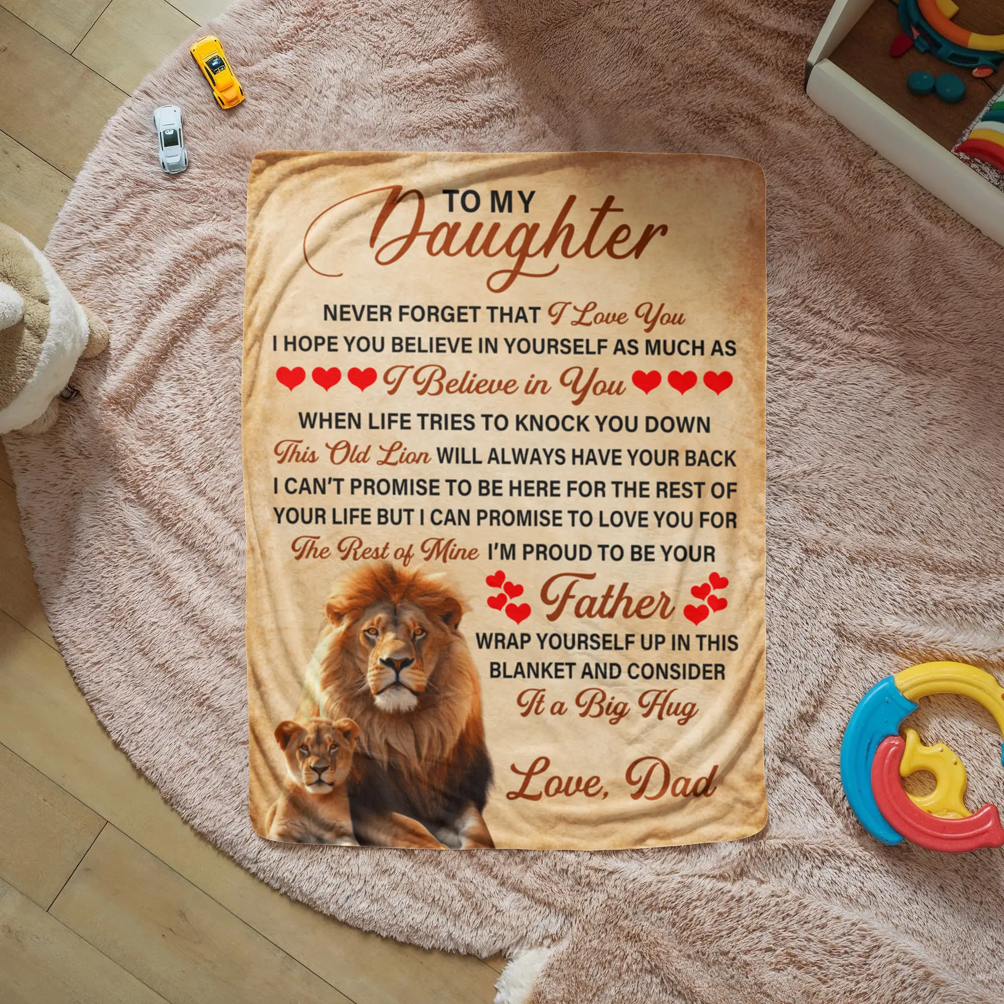 Personalized Love To My Daughter Old Lion Sherpa Fleece Blanket - 30 x 40 in, Comfy Vibes, Textured Front, Vivid Design, Decorative Zigzag Stitching, Durable, Machine Washable, Ideal for Watch Party, Personalized Blankets, Cozy Style, Snuggly Blankets, So