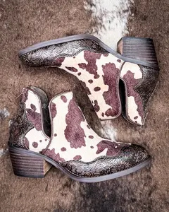 Women's Chocolate Cow Print Bootie - Very G Women's Shoe, Stylish Footwear
