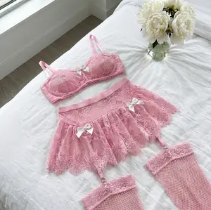 Coquette Sweet Bow Lace Set - Romantic Ruffle Mini Skirt & Stockings