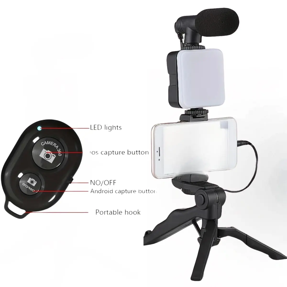 Portable Bluetooth Microphone Light & Tripod Camera Kit for Mobile Phone Recording Photo/Vlog Content Creation Adjustable Stand Accessories Smartphone Selfie Cellphone Devices