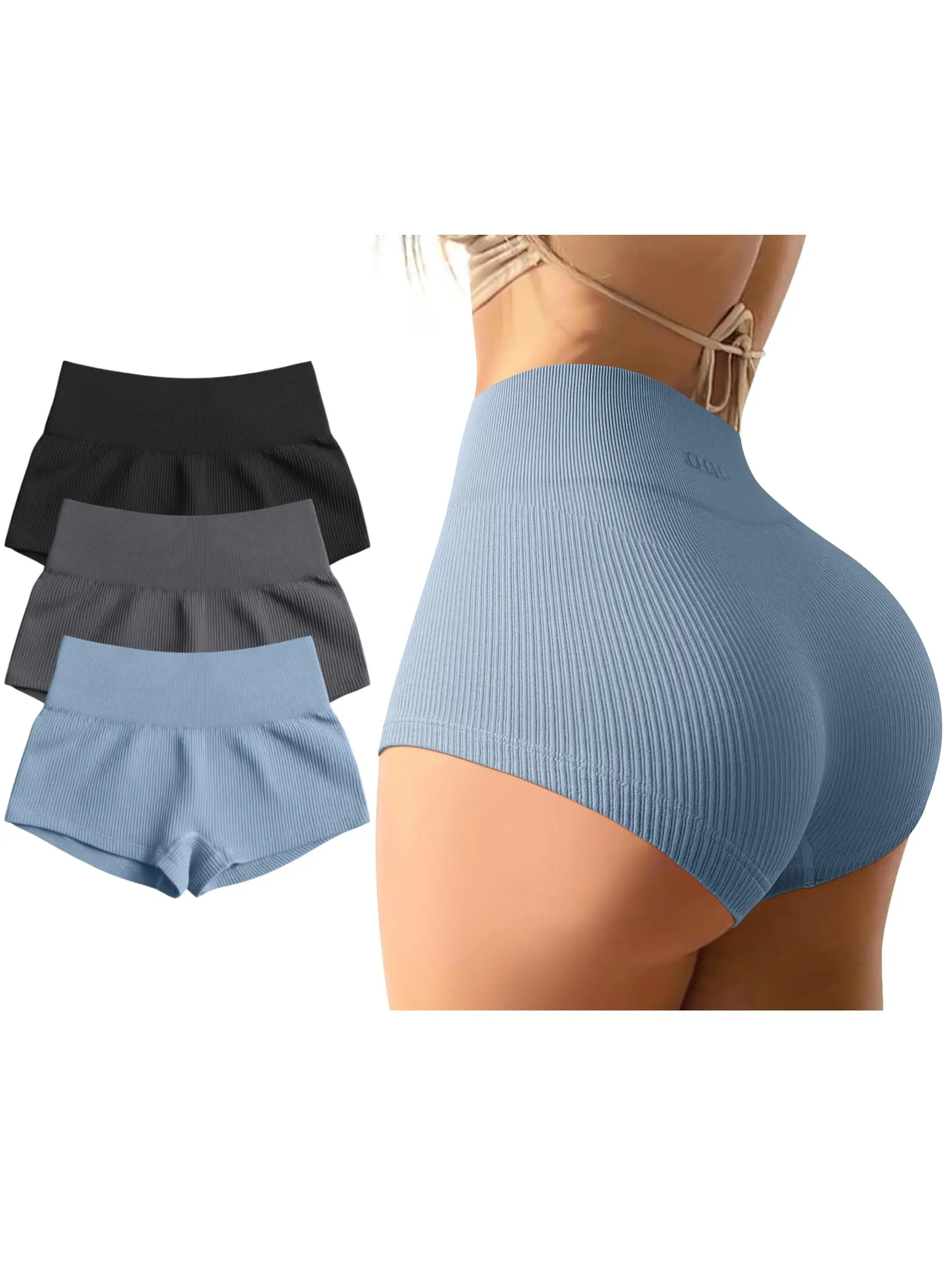 Women's 3-Pack Spandex Ribbed No Front Seam High Waist Active Biker Shorts - Lightweight, Stretchy, Flexible, Figure-Enhancing Workout Clothes for Gym, Yoga, Running - V-Back Lift Gym Yoga Run Apparel
