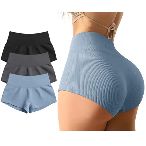 Women's 3-Pack High-Waisted Spandex Ribbed No Front Seam Biker Shorts - Lightweight, Stretchy, Body Shaping, Abdominal Glute Butt Scrunch Sports Shorts for Gym, Yoga - Flexible Workout Apparel, High-Waisted Butt Scrunch Women's Sports Shorts