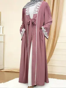 Women's Floral Embroidery Long Sleeve Lounge Dress, Modest Casual Comfortable Open Front Lounge Robe, Ladies Sleepwear for All Seasons