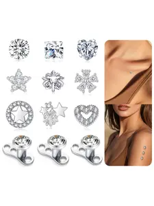 Dermal Anchor Tops and Base 14G Stainless Steel Microdermal Piercings Jewelry Punk Internally Threaded Star Heart CZ Gem Tops Surface Skin Piercing Studs for Women Men Silver Tone 5mm 6mm 7mm, Body Jewelry