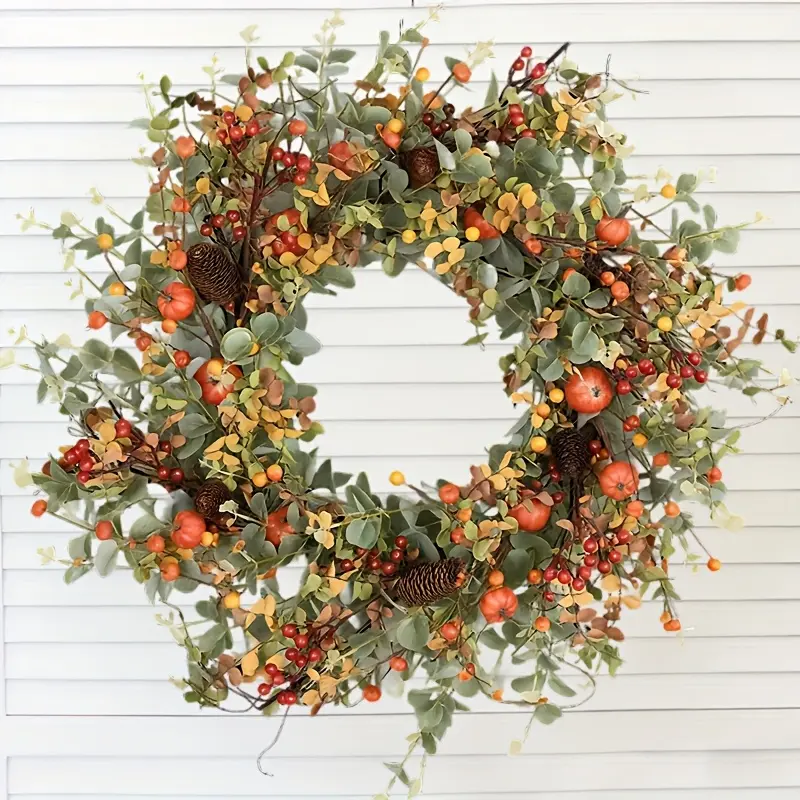 1pc 24 Inch Artificial Autumn Harvest Wreath with Red Berries, Pine Cones & Foliage - Durable Plastic Thanksgiving Halloween Christmas Decor for Front Door, Indoor/Outdoor Door Hanging, No Maintenance Fall Home Decoration, Festive Holiday Decor, Decorativ