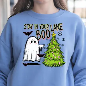 Stay in Your Lane Holiday Cotton Sweater - Blue Minimalist Design with Ghost & Christmas Tree Graphic for Festive Wear