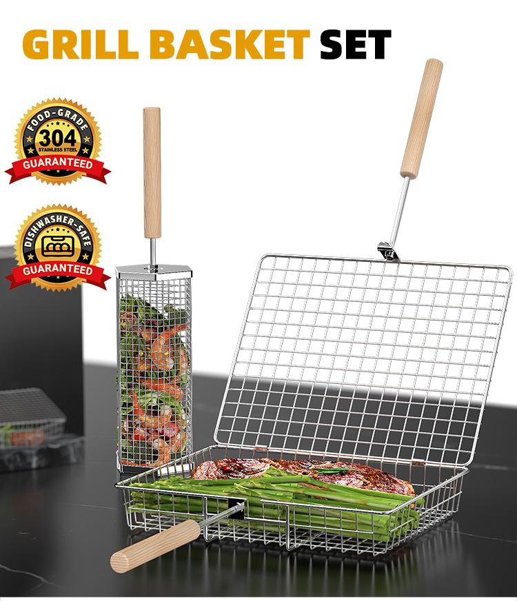 ivtivfu Grill Basket Set 2PCS with Removable Beech Wood Handle 304 Stainless Steel Heavy Duty Rectangular & Hexagon BBQ Tools for Vegetable Shrimp Outdoor Camping Kitchen Barbecue Cooking Gifts for Men Dad Husband - Utensils Cover