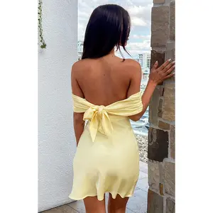 Primrose Yellow Satin Off the Shoulder Mini Dress