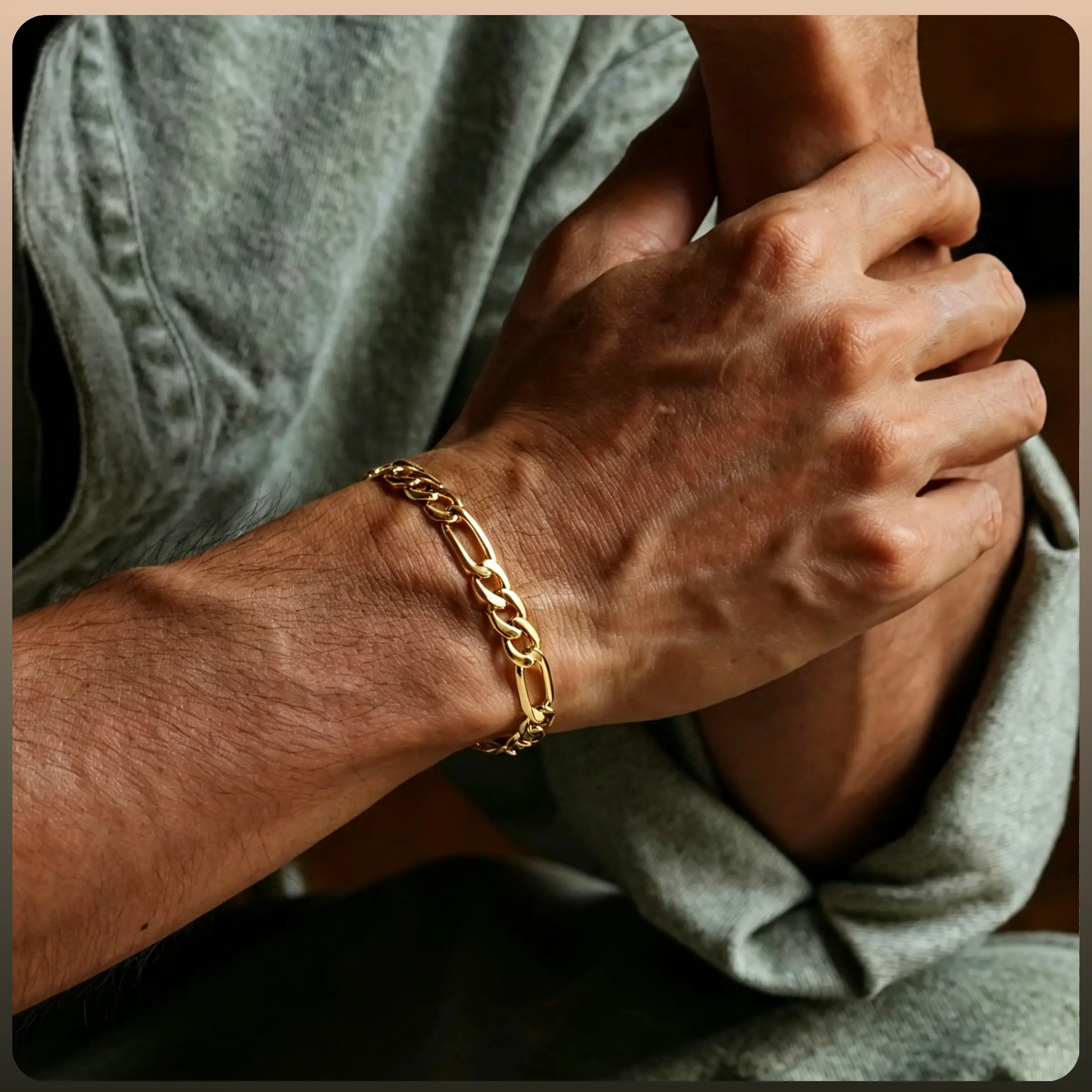 14K Gold-Plated Figaro Chain Bracelet for Men – 9mm/10mm Wide, 7.5"/8.5" Italian-Style Cuban Link, Nano Anti-Tarnish Coating, Hip Hop Streetwear Jewelry, Minimalist Layering Bracelet, Gift for Him