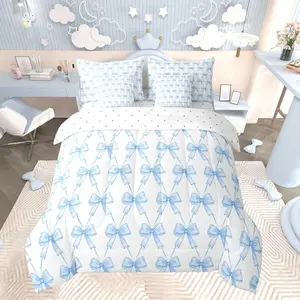 Feelyou 7-Piece Blue Bow Bedding Set - Cute Bowknot Comforter with Sheets, Kawaii Bed-in-A-Bag for Kids, Soft Lightweight Breathable Microfiber