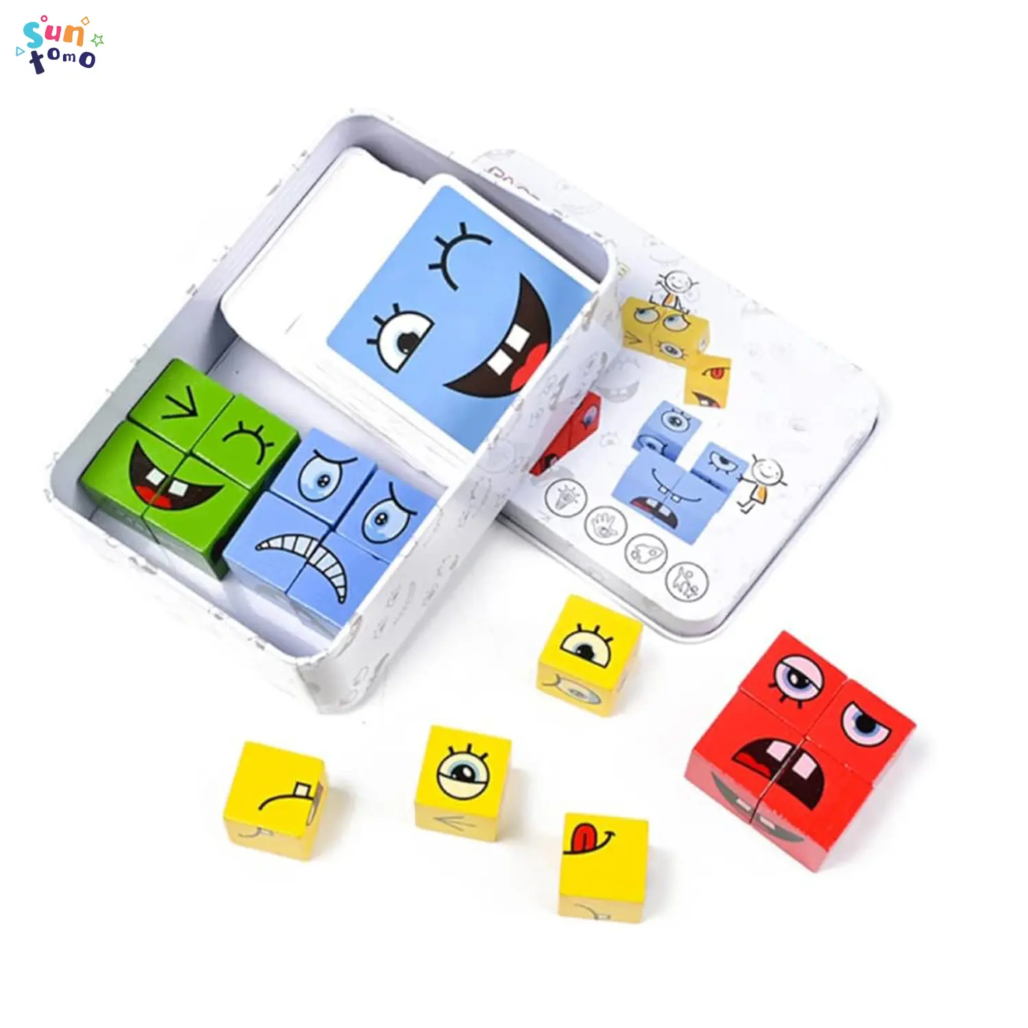 Suntomo Wooden Face Changing Blocks Tabletop Matching Game Family Night Matching Expressions Puzzle Toy Board Game