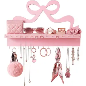 Novabright Wall Mounted Wooden Jewelry Organizer with Shelf, Pink Bow Wall Necklace Holder with 30 Hooks, Cute Coquette Jewelry Hanger Storage Rack for Necklaces Bracelets Rings Pink Room Decor