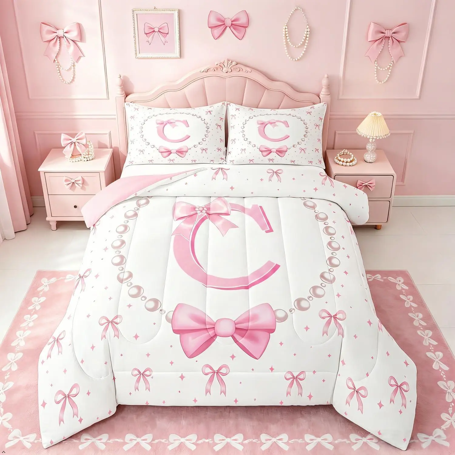Pink Bow Initial Comforter Set - Monogrammed Letter C Bows Bedding Sets,Pink White Ribbon Bow Tie Bed Set,Cute Bowknot Room Decor