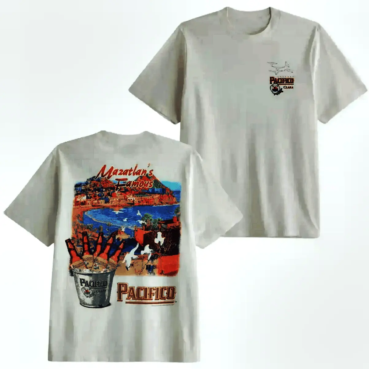 Men's Vintage Short-Sleeve Graphic T-Shirt - Round Neck, Casual Fit, Classic Menswear, Athletic Unisex Streetwear, Retro Pacifico Clara Mazatlan Beer Coastal Mexico Beach Design, Oeko-Tex Certified Cotton, All Seasons for Beer Lovers