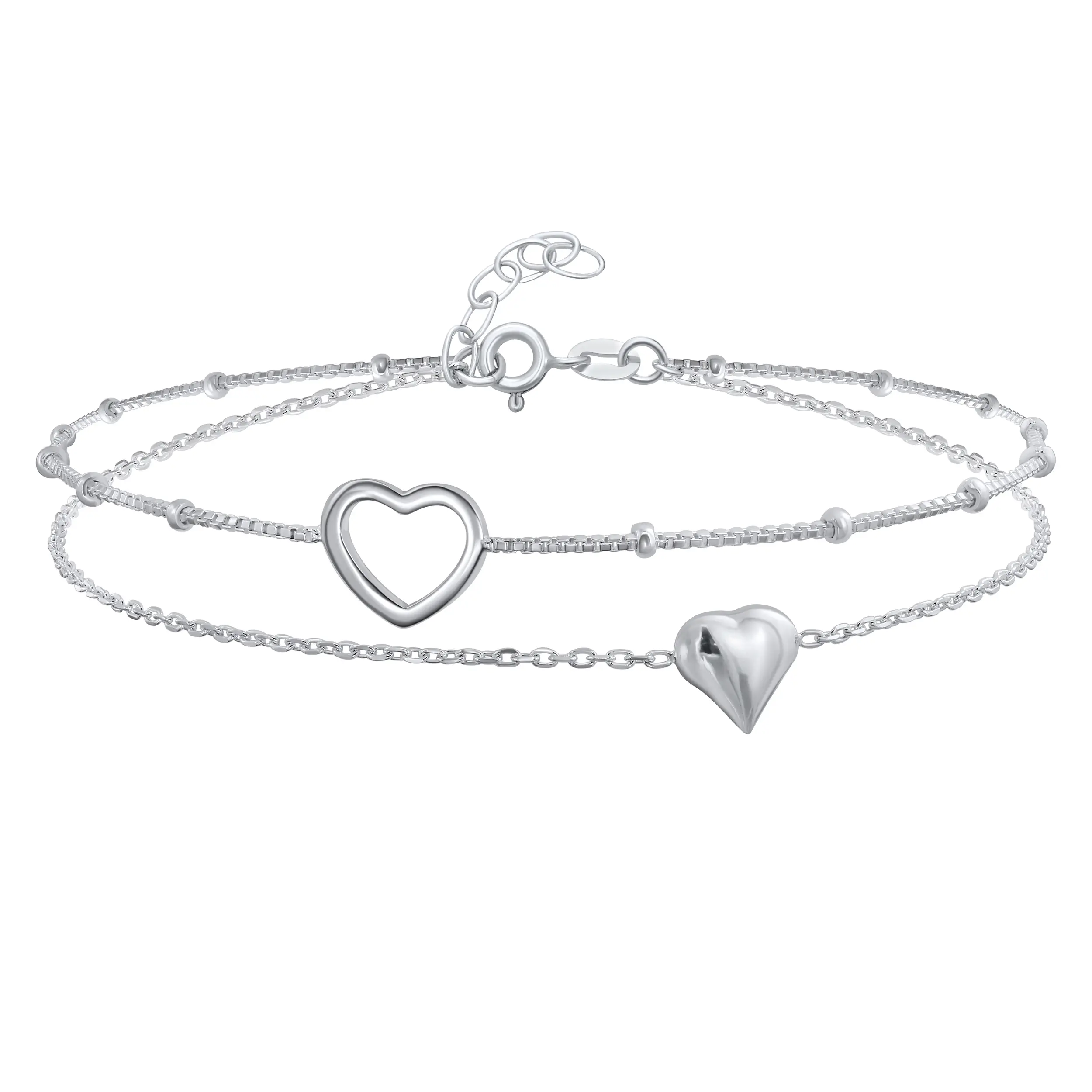 Double Strand Two Love Hearts Anklet Ankle Bracelet .925 Sterling Silver