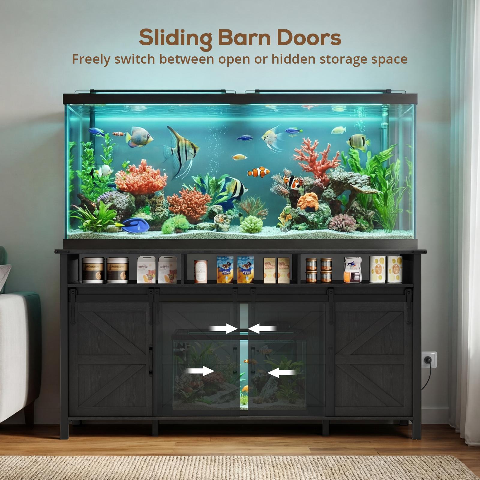 VOWNER 75-90 Gallon Fish Tank Stand with Power Outlet, Farmhouse Aquarium Stand with Storage Cabinet & Sliding Barn Doors, Heavy Duty Reptile Tank Stand, for 2 Tanks, 1000LBS Capacity VOWNER 75-90 Gallon Fish Tank Stand with Power Outlet, Farmhouse Aquarium Stand with Storage Cabinet & Sliding Barn Doors, Heavy Duty Reptile Tank Stand, for 2 Tanks, 1000LBS Capacity