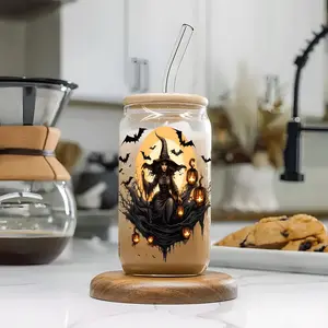 Personality Halloween Witch Bat Pumpkin Lantern Glass Cup with Straw & Lid,reusable glass drinking cup, high-quality glass jar design, suitable for iced coffee, beer, juice, milk, cold drink glass cups, fashionable glassware. Perfect gift for coffee lover