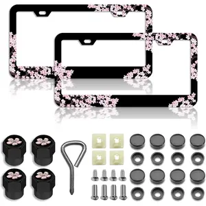 Cherry Blossoms License Plate Frame    Steel License Plate Holder Compatible All  License Plate Tag Cover Fit Accessories Included ()