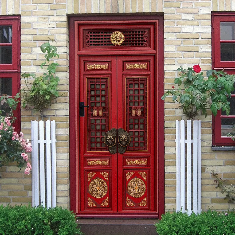 2pcs Chinese Style Retro Red Door Wall Sticker Stereo Relief Decoration Self Adhesive Wallpaper for Living Room Entrance Background Wall Spring Festival New Year Housewarming Decor Traditional Chinese D