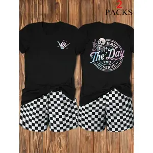 Women’s casual loose-fit T-shirt set, comfortable in summer, fashionable plaid shorts and top combination, perfect for everyday wear, women’s clothing GARMENTARY