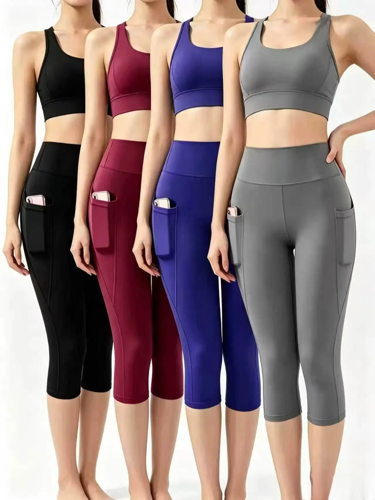 4pcs Women'S Butt-lifting & Tummy Control Yoga Capris, Quick-drying, Breathable, 4-Way Stretch Buttery Soft, With Side Phone Pockets, Suitable for Gym, Yoga, Pilates, Running, Walking,  Casual Athleisure high elastic activewear  curve leggings legs