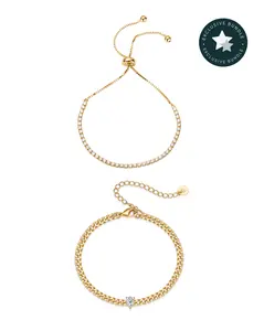 PAVOI 14K Gold Plated Cubic Zirconia Bracelet Set for Women - Adjustable Classic Tennis Bracelet & Solitaire Diamond Curb Cable Bracelet - Dainty Bridesmaid Jewelry Gift