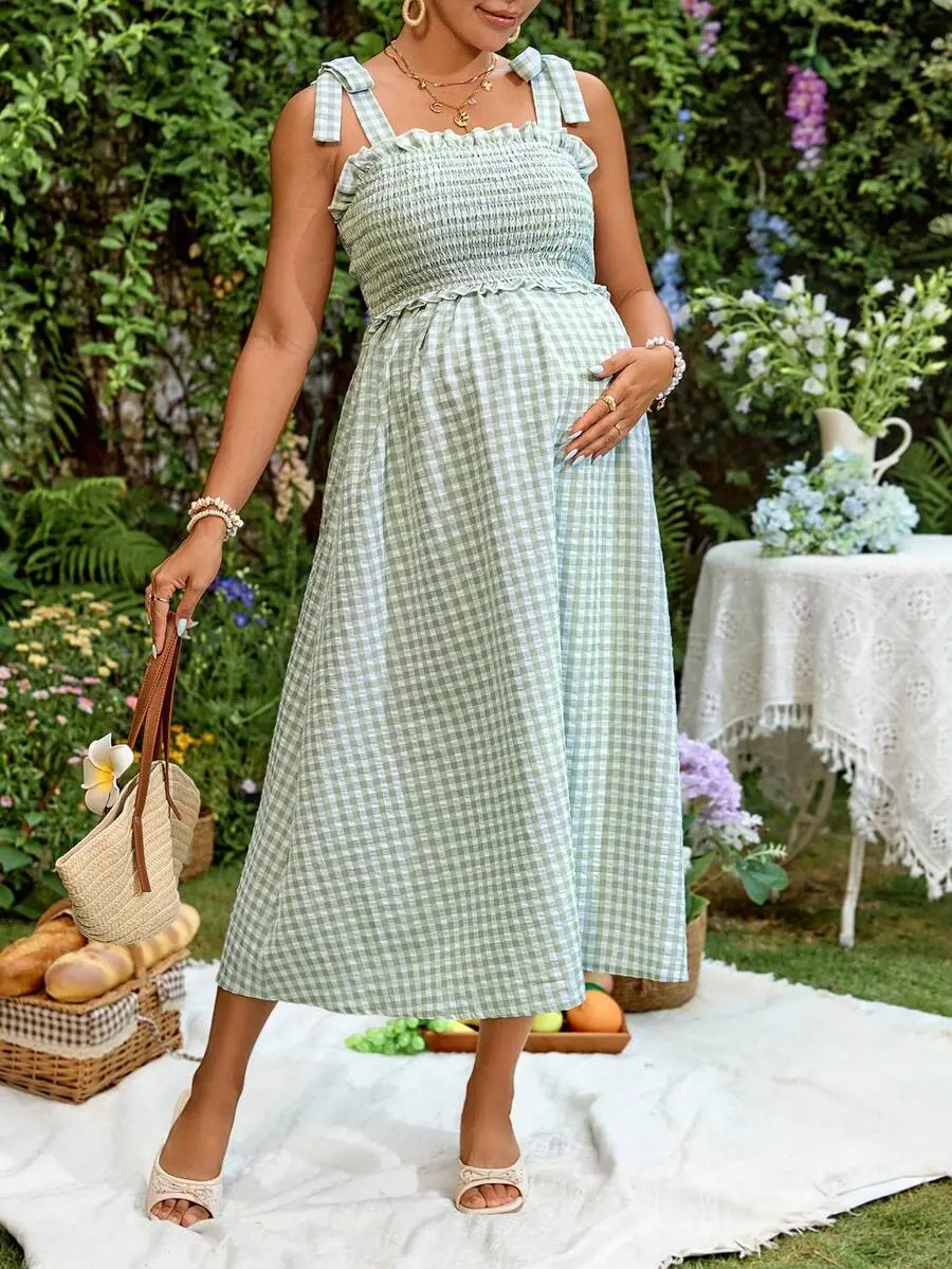 NANCY Maternity Women's Casual Plaid Strap Nursing Dress For Summer Vacation Outfits Green Gingham Dress Brunch Dresses For Women Green Tea Party Dress