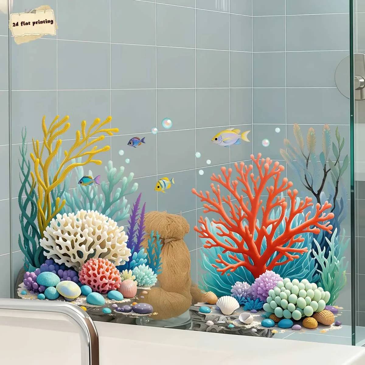 1pc 2D Printed Ocean Fresh Style Coral & Fish Decorative Wall Sticker, Creative DIY Self-Adhesive Removable Double-Sided Visual PVC Decor, for Living Room Bedroom Dining Room Study Bathroom Door & Window Glass Decoration