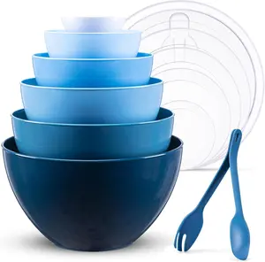 14-Piece Multi-Purpose Plastic Nesting Bowl Set, Mixing Bowl Set with Lid, Great Kitchen Recommendation Includes 6 Prep Bowls, 6 Lids, 2 Cooking Spoons (Converts to Clamps), Microwave Dishwasher Safe, Great for Stirring, Baking Storage, Cooking Gifts