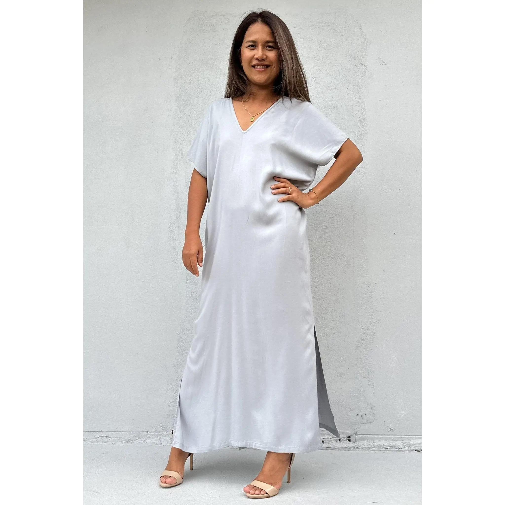 Women's Petite Solid Silver Kaftan Dress - Flowy Relaxed Fit, Smooth Draping, Breathable Rayon Fabric, Casual Wear