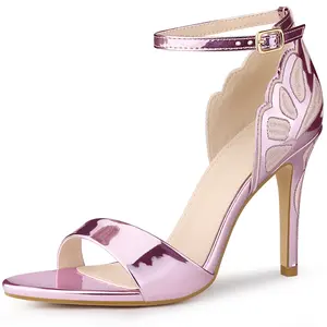 BLISSFUL STEP Embroidered Butterfly Ankle Strap Metallic Stiletto Heel Sandals