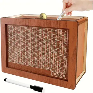 Wooden Piggy Bank Money Saving Box, Kids & Adults 10000 Savings Challenge Coin Bank, Toy Gift for Boys & Girls Age 3-12