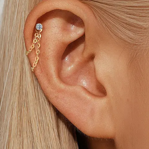 18K Gold Plated Hypoallergenic Pierced Earring with Chain, Flat Back Stud Earrings, 4-Prong Cubic Zirconia Design, Ideal for Daily Wear & Special Occasions