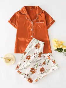 Women's Satin Colorblock Floral Pajama Set Short Sleeve Cardigan + Long Sleeve Sleepwear, Casual All Seasons Home Wear